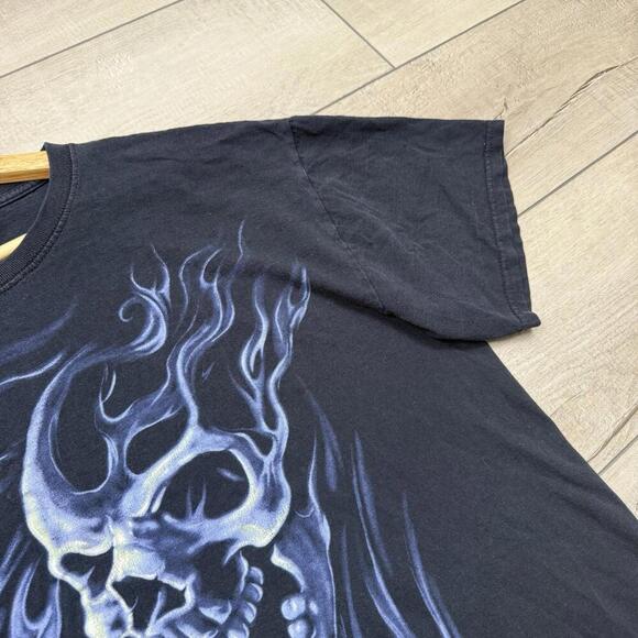 Vintage Y2K Flaming Skulls Grunge Sz L Black Short Sleeve T-Shirt Fruit Of Loom - Picture 5 of 7